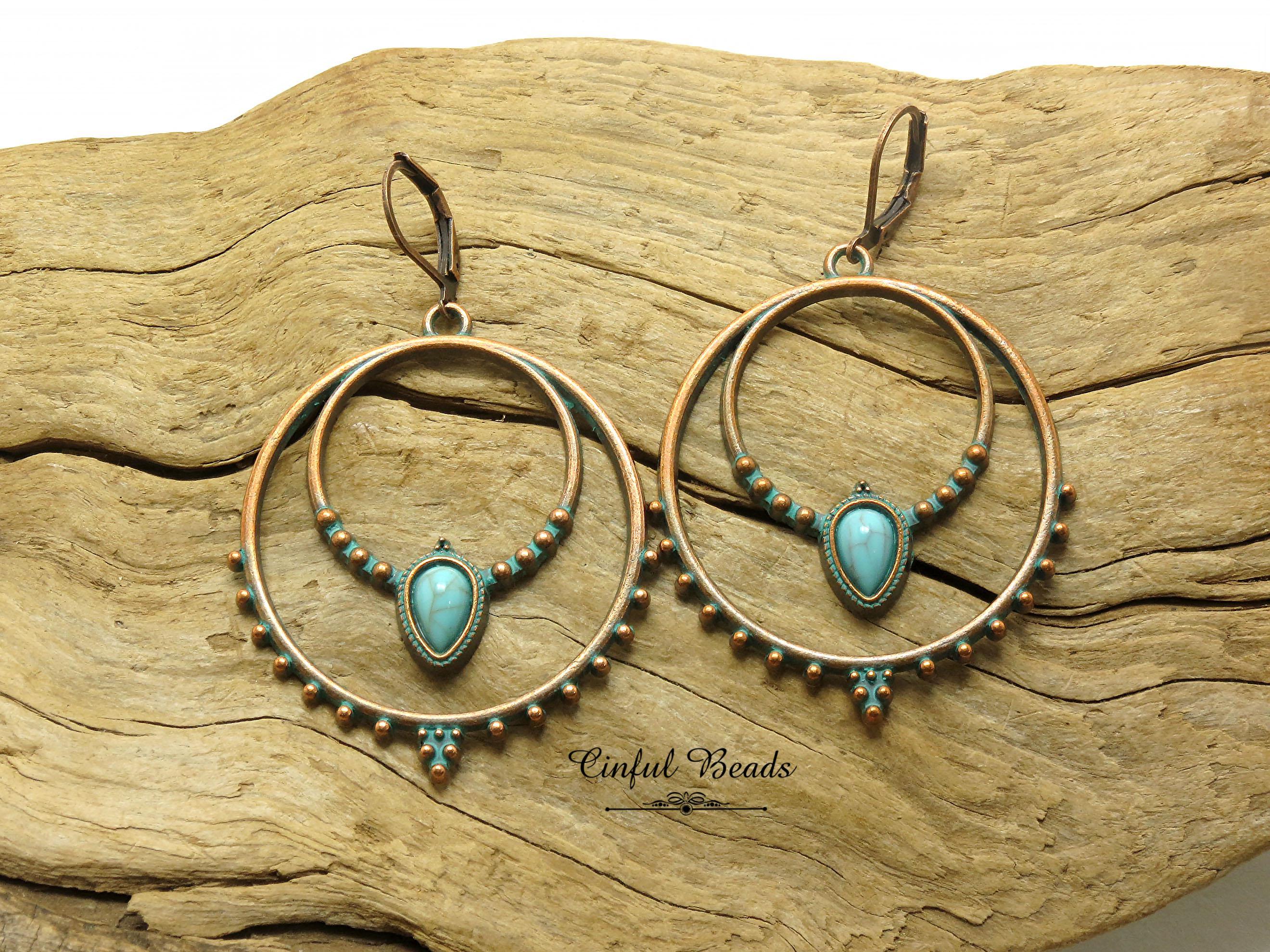 Boho Antique Copper Patina Hoop Earrings with Faux Turquoise