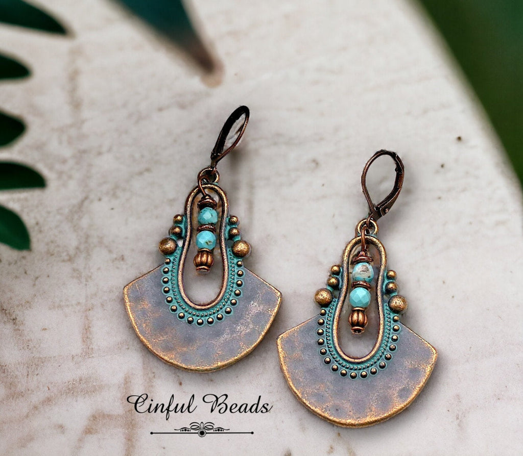 Turquoise Patina Boho Dangle Earrings - Antique Copper Ethnic Earrings With Turquoise Magnesite Beads - Rustic Dangle Pendant Earrings