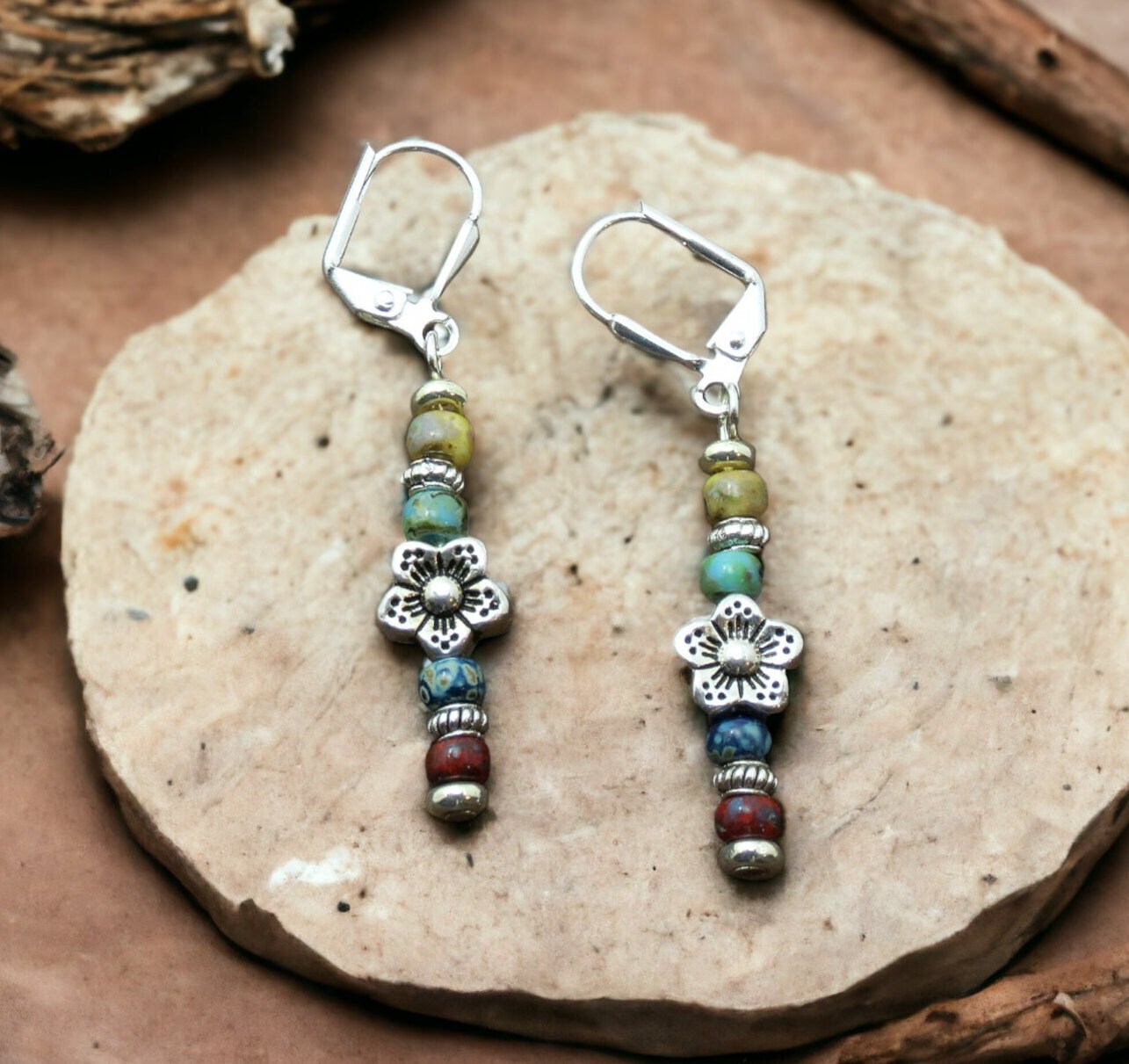 Dainty Multicolor Picasso Seed Bead Stick Earrings with Flower Spacer Bead - Lightweight And Comfortable Boho Statement Jewelry