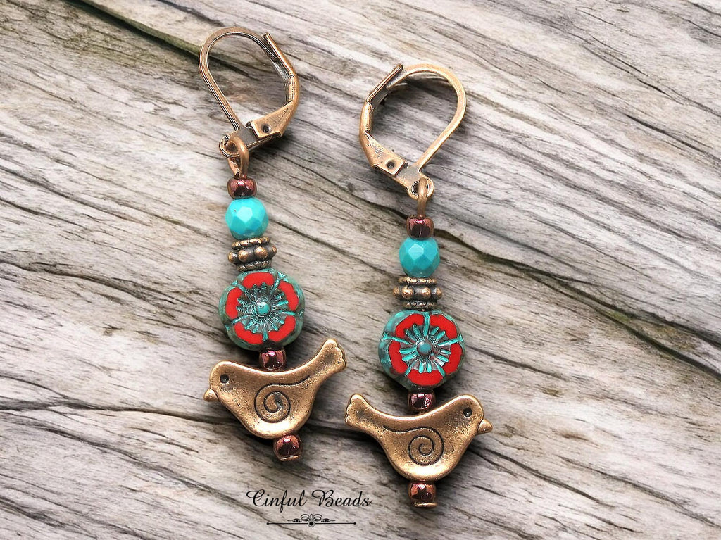Antique Copper Bird Earrings with Red Czech Glass Hawaiian Flower and Turquoise Wash - Minimalist Boho Dangle Earrings - Customized Earwires