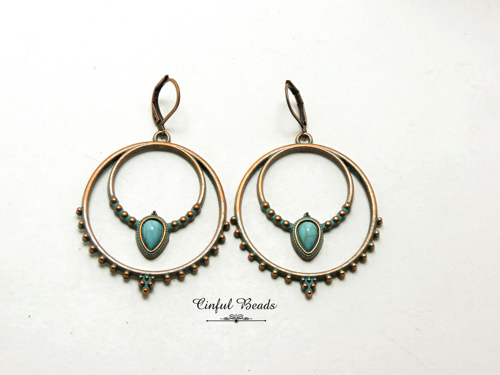 Boho Antique Copper Patina Hoop Earrings with Faux Turquoise